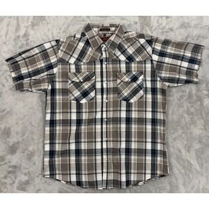 Canyon‎ Guide Pearl Snap Shirt Mens XL Blue Beige Plaid Western Chest Pockets
